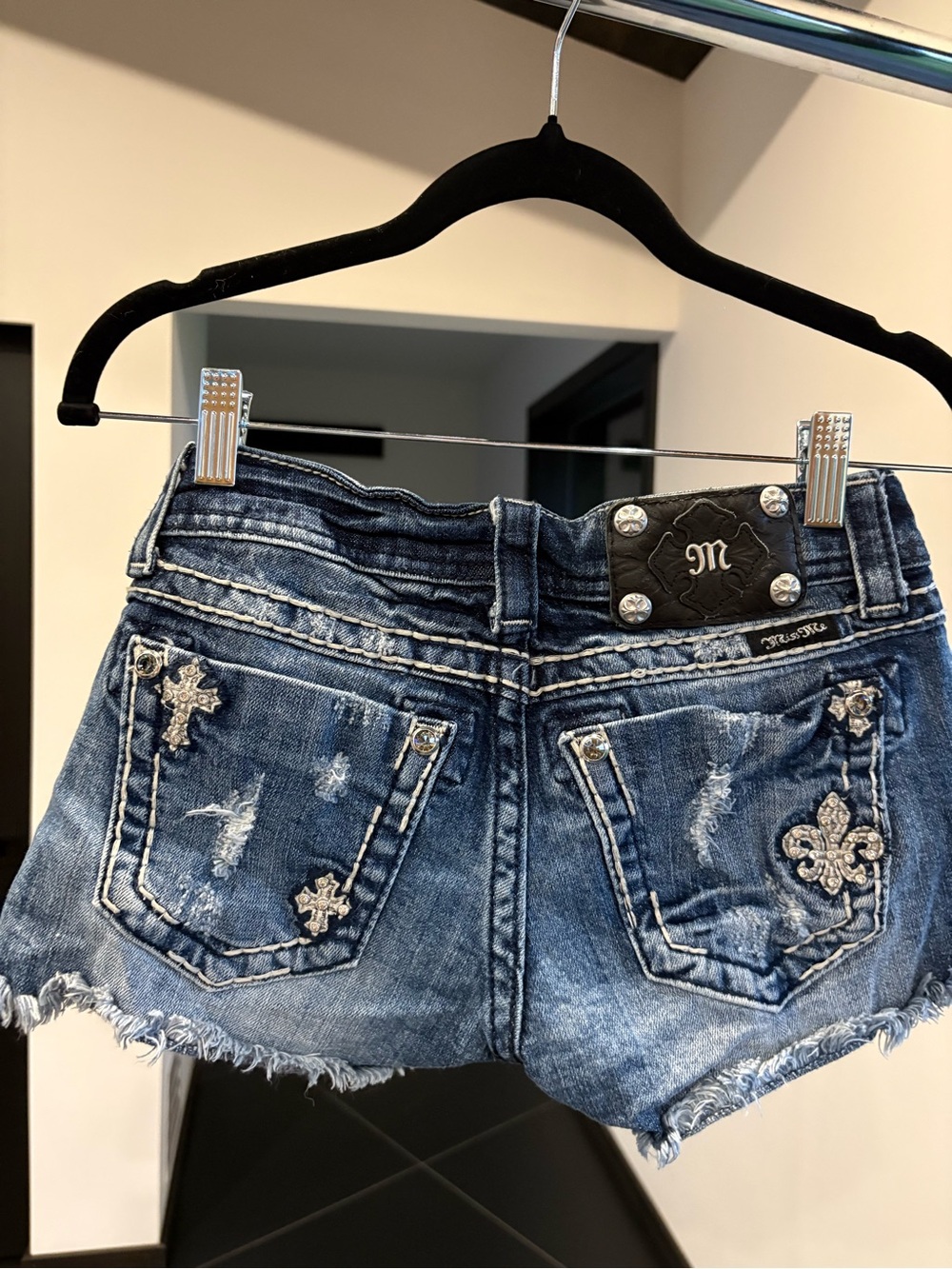Miss Me Dark Blue Distressed Embroidered Denim Shorts - Picture 3 of 5